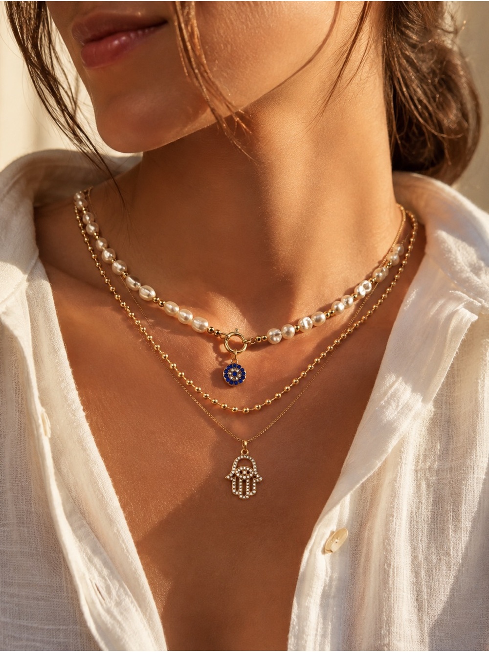 Gold Tone Layered Faux Pearl Evil Eye Hamsa Pendant Necklace